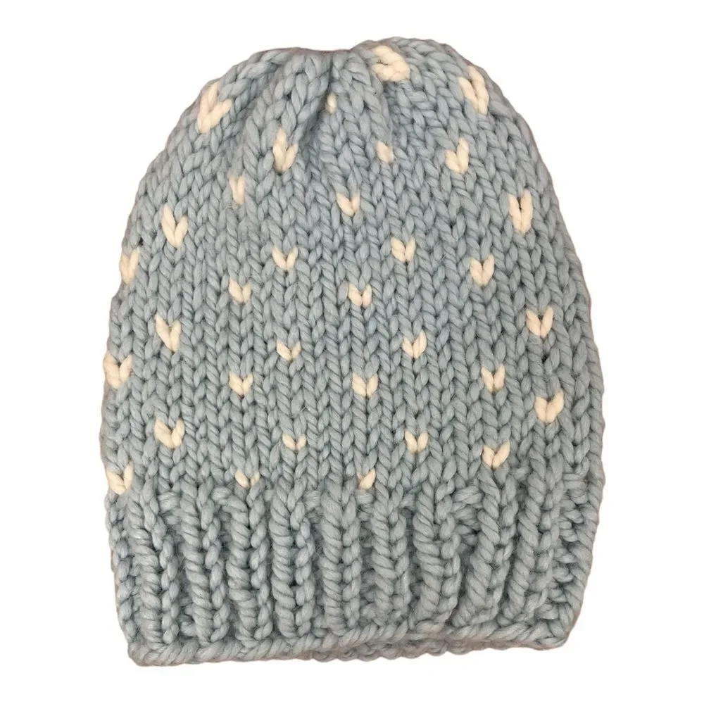 Handmade Knit Baby Blue White Heart  Beanie Hat One Size
